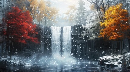 Seasonal transformation, Document the seasonal changes experienced by a waterfall throughout the year - obrazy, fototapety, plakaty
