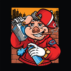 pig graffiti character holding boombox cartoon