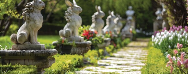 Sculpture garden elegance bunnies among classical sculptures - obrazy, fototapety, plakaty