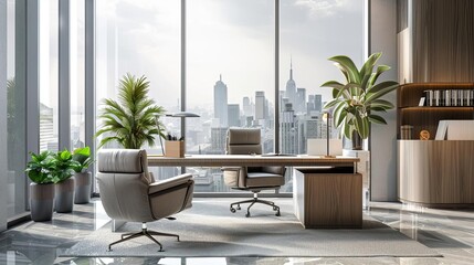 Naklejka premium Cozy office interior with desk, armchairs, and panoramic window, 3D rendering