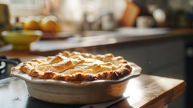 Cozy Homemade Pie Cooling in Soft-Lit Kitchen, Post-Dinner Scene Photo