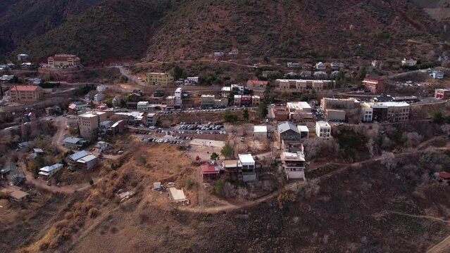 Aerial View of Jerome, Arizona USA. Old Mining Town on Black Hills, Drone Shot