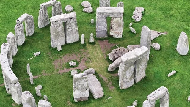 Stonehenge, England UK. Aerial View of UNESCO World Heritage Site, Drone Shot 60fps