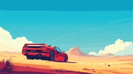 Gordijnen Illustration of a car in a desert 2d flat cartoon v © Mishi