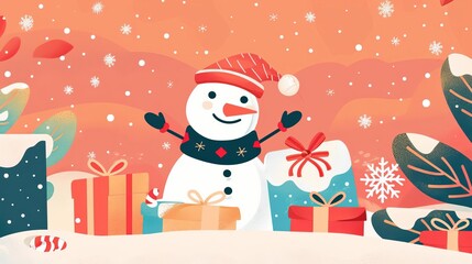 Cute snowman with Christmas gifts, happy holidays festival wallpaper illustration