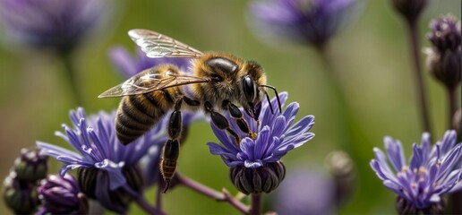 Close up of a bee on purple flower - marco nature beauty - honeybee close-up - generative ai