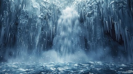 Frozen waterfall, Capture the stark beauty of a waterfall frozen in time during the winter months, highlighting the delicate icicles and crystalline formations - obrazy, fototapety, plakaty