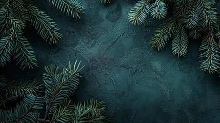 Dark and moody Christmas background with close-up of fir tree branches, ideal for seasonal messages with ample copy space