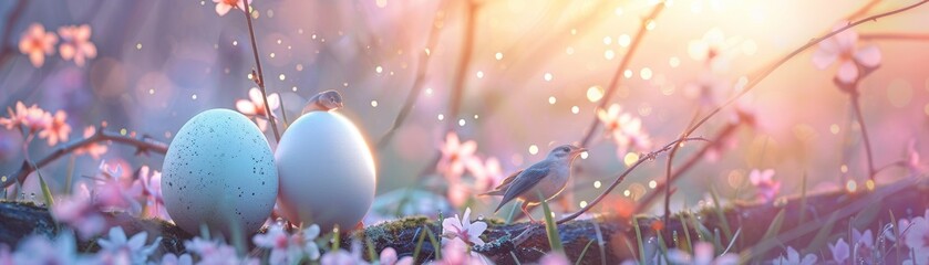 Spring awakening Easter eggs with blooming flowers and chirping birds - obrazy, fototapety, plakaty