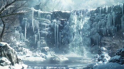 Frozen waterfall, Capture the stark beauty of a waterfall frozen in time during the winter months, highlighting the delicate icicles and crystalline formations