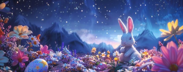 Star gazer 3D scene bunnies and constellation-painted eggs under a clear night sky
