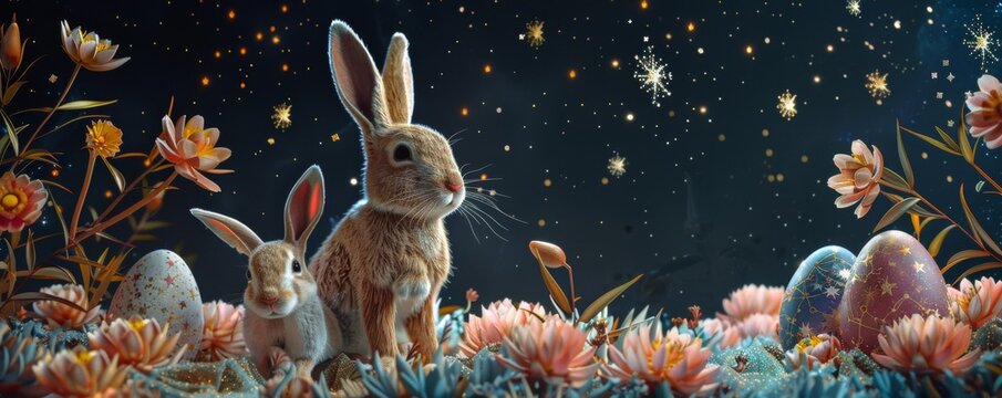 Star gazer 3D scene bunnies and constellation-painted eggs under a clear night sky