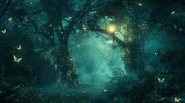Dark mystical forest at night, fantasy digital illustration with glowing elements