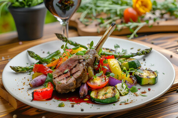 Delicious Mouth-Watering Lamb Cutlet Served With Freshly Grilled Vegetables And A Glass Of Red Wine