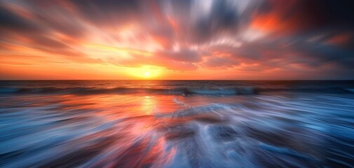 Dynamic Sunset Over Rushing Seashore Waves.