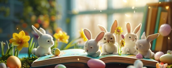 Storytime 3D scene bunnies gathered around an open storybook - obrazy, fototapety, plakaty