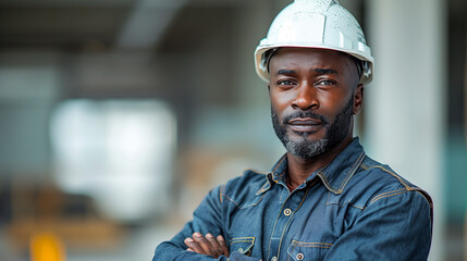 Portrait of a ruggedly handsome male engineer standing with arms crossed confidently, sporting a white hard hat and a denim shirt, inside a modern building.