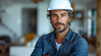 Portrait of a ruggedly handsome male engineer standing with arms crossed confidently, sporting a white hard hat and a denim shirt, inside a modern building. - obrazy, fototapety, plakaty