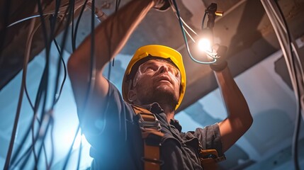 A professional Caucasian electrician meticulously working on the electrical wiring system installation in the ceiling of a new residential house, emphasizing safety and expertise