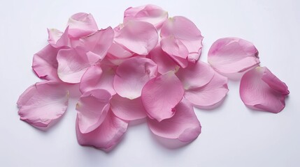 Fototapeta premium Delicate Pink Rose Petals Scattered on White Background - Floral Still Life Photography