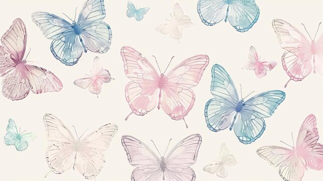 Delicate pastel butterflies flutter across embroidered fabric, creating enchanting seamless pattern