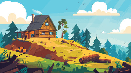 Illustration of a hill with a wooden house and a lu - obrazy, fototapety, plakaty