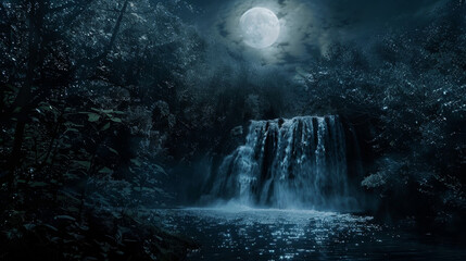 The darkness of the night is pierced by the ethereal radiance of a moonlit waterfall creating a serene and mystical atmosphere. . . - obrazy, fototapety, plakaty