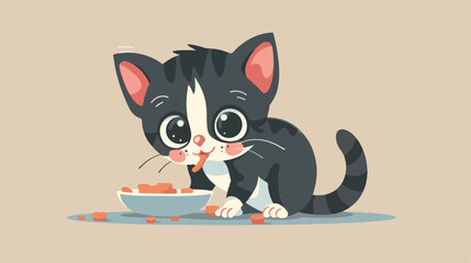 Illustration of a kitten about to eat food 2d flat