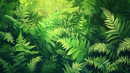 Dense green ferns in a midsummer forest, nature illustration - obrazy, fototapety, plakaty