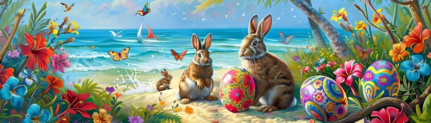 Tropical island escape bunnies on a sandy beach - obrazy, fototapety, plakaty