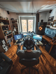 Business expansion in VR, work from home setup, interactive home office.