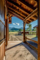 Professional Photography of a Sprawling Ranch Property With Vast Open Spaces, Horse Stables, and Scenic Mountain Views, Generative AI