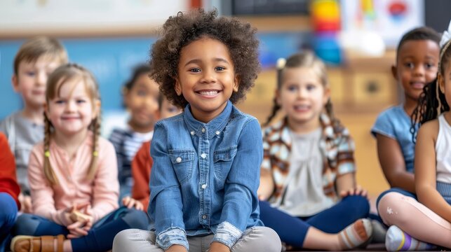 Diverse group of adorable preschool children sitting together on classroom floor, engaging in fun learning activities and games
