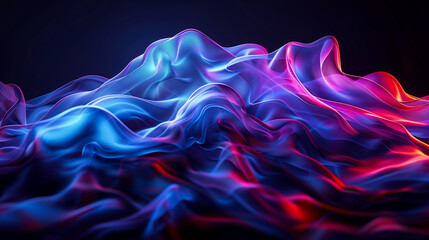 abstract translucent amorphous glass flowing fluid waves with colorful gradient of blue purple and red tones on black background. - obrazy, fototapety, plakaty