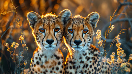 Two Cheetahs Golden African Savannah Africa Travel Majestic Wild Cats Bond