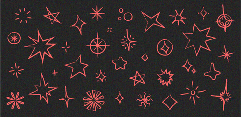 Set de ilustraciones de estrellas, brillos y destellos dibujados a mano color rojo. Vector