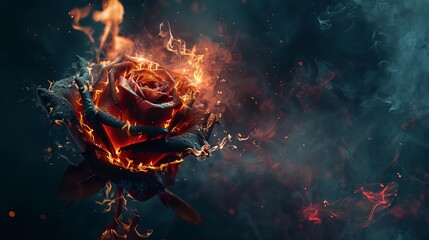 Dramatic abstract image of a burning rose engulfed in flames, smoke, and ashes, surreal fantasy concept