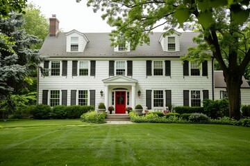 Professional Photography of a Suburban Colonial-Style Home With a Manicured Front Lawn, Classic Architecture, and Traditional Interiors, Generative AI