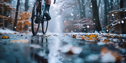 Riding road gravel bike in harsh weather conditions. generative ai 