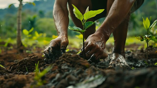 planting a tree in a deforested area, showing personal commitment to environmental restoration