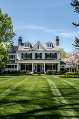 Professional Photography of a Suburban Colonial-Style Home With a Manicured Front Lawn, Classic Architecture, and Traditional Interiors, Generative AI