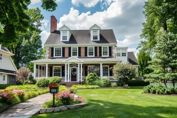Professional Photography of a Suburban Colonial-Style Home With a Manicured Front Lawn, Classic Architecture, and Traditional Interiors, Generative AI