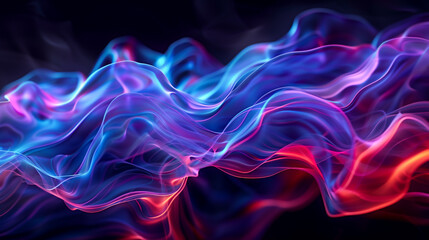 abstract translucent amorphous glass flowing fluid waves with colorful gradient of blue purple and red tones on black background.