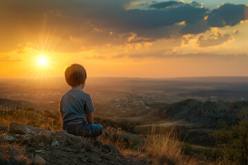 A young boy is sitting on a hillside, looking out at the sunset
