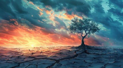 Dying Earth, barren landscape with cracked soil and withered tree, global warming and climate change concept, digital illustration - obrazy, fototapety, plakaty
