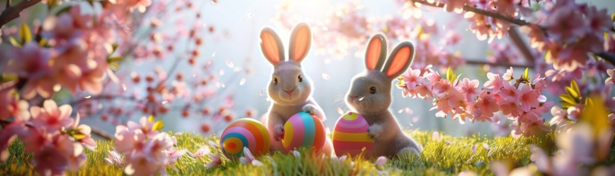 Whimsical 3D scene of bunnies painting eggs with rainbow stripes set on a velvet grass canvas