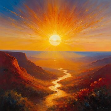 An oil painting of the sun rising from the horizon, emitting rays of light. The foreground features two mountain ranges on either side, with a winding river in the middle.