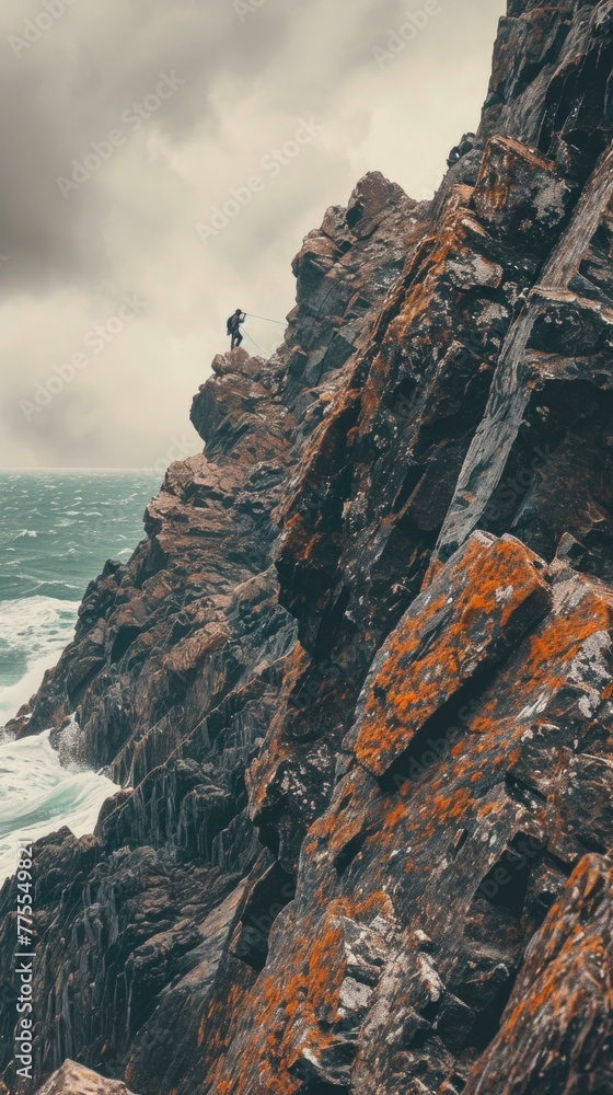 Poster a man standing on the edge of a cliff overlooking the ocean. generative ai.