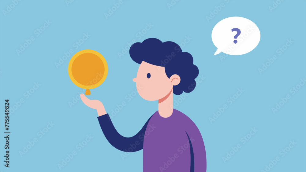 Poster a person holding a coin debating whether to flip it to make their decision implying the use of the c