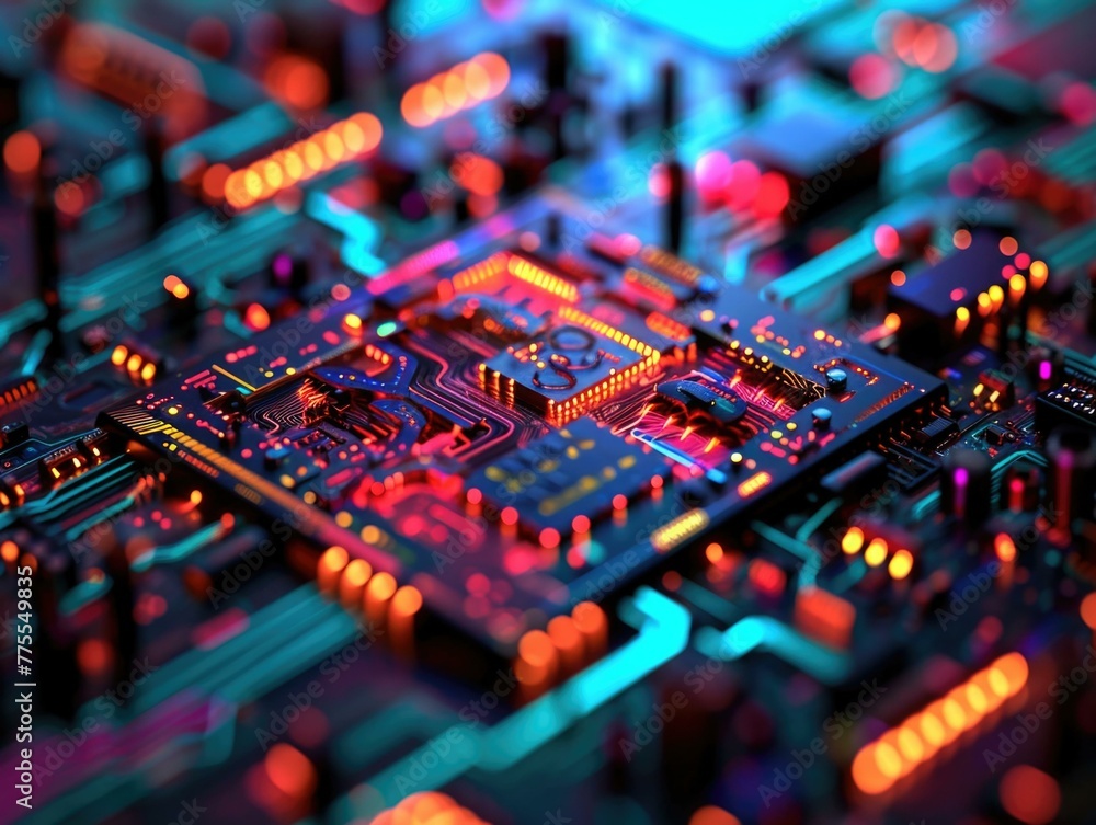 Poster a close up of a circuit board with colorful lights. generative ai.